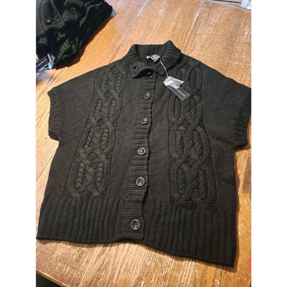 New Lauren Hansen Womens Size Large Black Button Front Knit Cable Sweater NWT